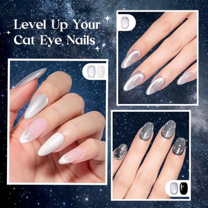 Beetles Silver Cat Eye Gel Nail Polish Set, Dusted Galaxy 6 Colors Magnetic Glass, Crystal, Pearl, Reflective & Glitter Silver Cat Eye Gel Polish Set with 2 Magnets, DIY Color Card for UV - color: A - Silver Cat Eye | Dusted Galaxy