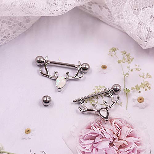 2PCS 14G 316L Stainless Steel Opal Nipple Rings Deer Head Nipple Barbell Nipple Piercings Jewelry for Women - color: silver
