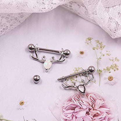 2PCS 14G 316L Stainless Steel Opal Nipple Rings Deer Head Nipple Barbell Nipple Piercings Jewelry for Women - color: silver