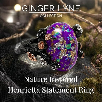Henrietta Gothic Opal Ring for Women, Fantasy Promise Ring by Ginger Lyne | Simulated White Fire Opal, Cubic Zirconia Black Rose Gold Plated Bold Jewelry Statement Piece For Engagements, Gifts & Events - color: Purple-Gold