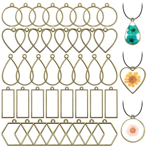 50pcs Open Bezels for Resin,5 Styles Hollow Frame Pendants Resin Casting Frame Pendant Resins Jewelry Making Supplies for Resins Casting,Necklace,Earrings,Pressed Flower,DIY Crafts(Ancient Cyan) - color: 50pcs;Ancient Cyan;5 Styles
