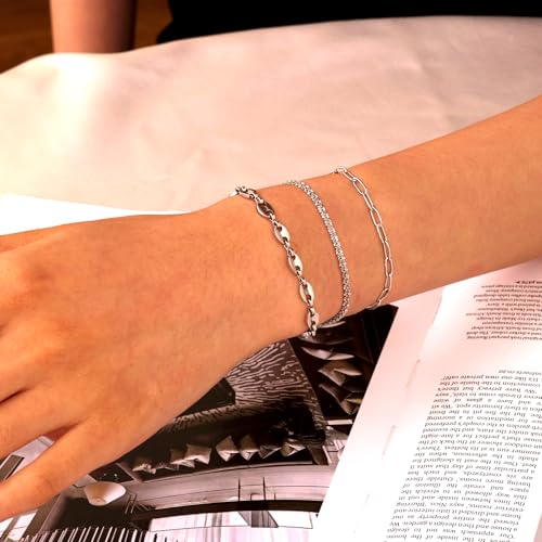 18K Gold Plated Necklace Bracelet Set Womens Stackable Adjustable Stainless Steel Minimalist Modern Everyday Jewelry Gift Gold and Silver - style: 6 Pcs Silver Bracelets