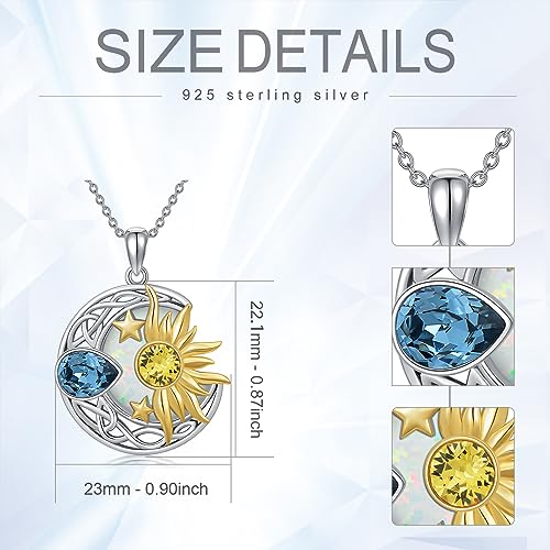AOBOCO 925 Sterling Silver Moon Sun Star Necklace Celtic Jewelry for Women Girls - color: Silver&Gold&White Opal
