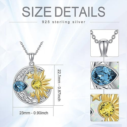 AOBOCO 925 Sterling Silver Moon Sun Star Necklace Celtic Jewelry for Women Girls - color: Silver&Gold&White Opal