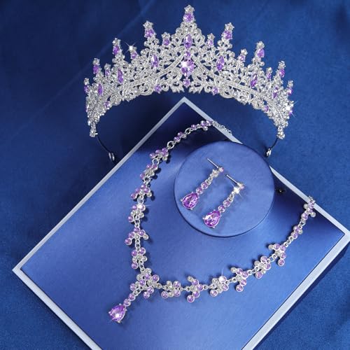 Crystal Crown and Tiara Jewelry Set for Women Bride with Necklace Earrings | Metal Rhinestone Royal Queen Princess Jewelry Set Wedding Quinceanera Pageant Prom Birthday Halloween Party Costume Gift - color: Style E-Purple