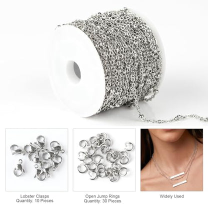 Kyutong Silver Cable Chain Spool 304 Stainless Steel Chains Link for Crafts | 32.8 Feet Small Beaded Chains for Jewelry Making Silver Bulk Chain for Women Men DIY Necklace Bracelet Earrings - color: Cross Bead Silver