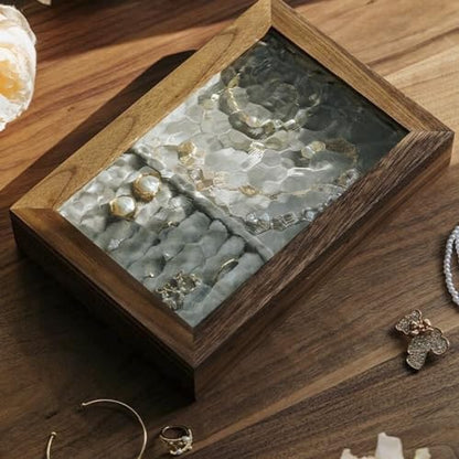 Wooden Jewelry Box with Glass Lid, Multi-Compartment Jewelry Display Case, Ligth Gray Velvet Lining, Walnut Brown - color: Ligth Gray Velvet Lining, Walnut Brown