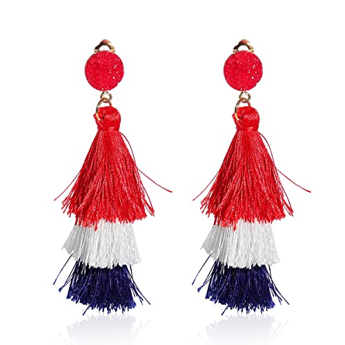 Boho Statement Tassel Earrings - Clip On Feather Dangling Fringe Earrings for Women - Non Piercing Jewelry for Vacation, Beach, Bride, Bachelorette, Costume, Prom - color: Red White Blue Clip On