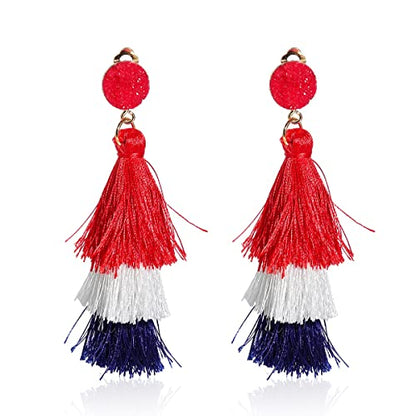 Boho Statement Tassel Earrings - Clip On Feather Dangling Fringe Earrings for Women - Non Piercing Jewelry for Vacation, Beach, Bride, Bachelorette, Costume, Prom - color: Red White Blue Clip On