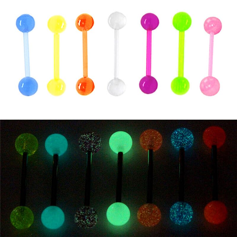 7pc GLOW IN THE DARK 14G Tongue Bar UV Acrylic Multi Color Flexible Barbell Ring Nipple Piercing Jewelry