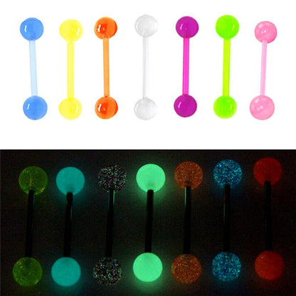7pc GLOW IN THE DARK 14G Tongue Bar UV Acrylic Multi Color Flexible Barbell Ring Nipple Piercing Jewelry