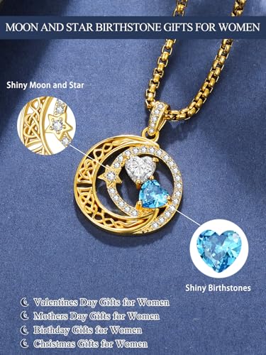 14K Gold Moon and Star Double Birthstone Necklace Gifts for Women | 2 Heart Birthstone Necklace,Mothers Day Wedding Anniversary Birthday Gifts for Wife Mom Daughter Grandma Sister - color: 04-12-Apr-Dec Birthstone