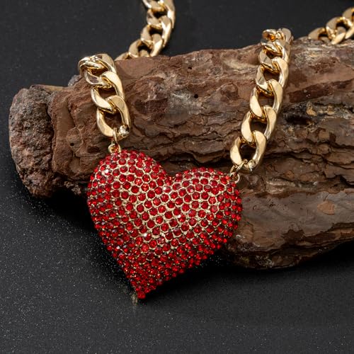 Gold Cuban Link Chain Necklace with Red Crystal Heart Pendant, Statement Chunky Curb Link Chain，Fashion Jewelry for Women - color: Red