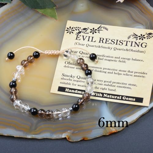 468Handmade Adjustable Natural Gemstone Crystal Bracelet Healing Power Energy Inspirational Gifts with Card for Unisex - color: 19-EVIL RESISTING(Clear Quartz&Smoky Quartz&Obsidian), size: 6mm