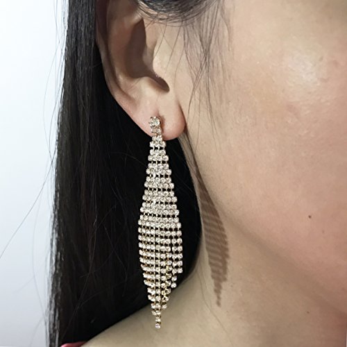 SELOVO Fashion Wedding Bride Women Long Tassel Link Fringe Dangly Earrings Clear Crystal - color: Gold