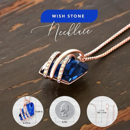Leafael Wish Stone Pendant Necklace with Birthstone Crystal, 18K Rose Gold Plated/Silvertone, 18" + 2" - color: 109b-September-Sapphire Blue-Rose Gold Plated