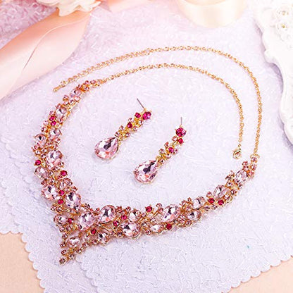 Women's Wedding Statement Necklace Dangle Earring Jewelry | Austrian Crystal Teardrop Cluster,Necklaces Earrings Set for Bride Bridesmaid,Prom Accessories - color: 20-Pink Gold-Plated-Base