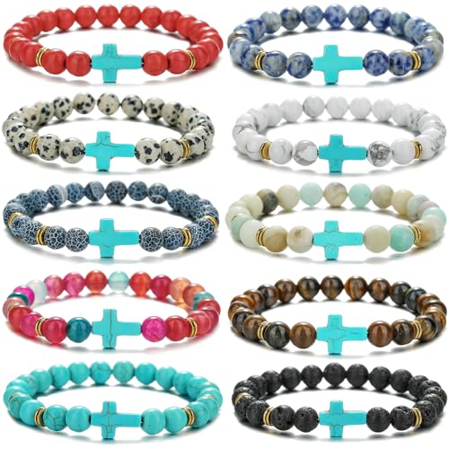 Beaded Bracelets Cross Bracelet for Women Men Lava Rock Turquoise Tiger Eye Natural Bracelet Anxiety Healing - color: 10 Pcs- green cross