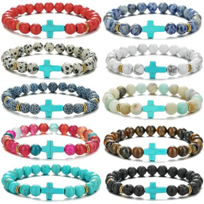 Beaded Bracelets Cross Bracelet for Women Men Lava Rock Turquoise Tiger Eye Natural Bracelet Anxiety Healing - color: 10 Pcs- green cross