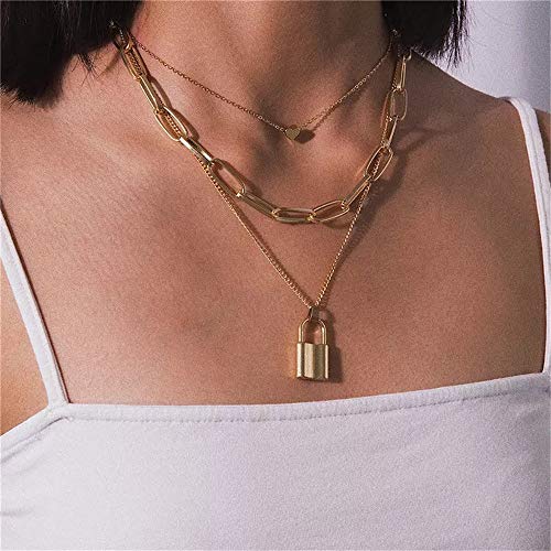 Turandoss Dainty Layered Choker Necklace, Handmade Y Pendant Necklace Multilayer Bar Disc Necklace Adjustable Layering Choker Necklaces for Women - style: 3PCS - Heart&Link Chain&Lock
