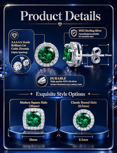 2 Pairs S925 Sterling Silver Stud Earrings for Women Halo Cubic Zirconia | 14K Gold Plated Hypoallergenic Non Tarnish Round Square Silver Stud Earring for Women Men Dainty Trendy Jewelry - style: Silver-Green Stone