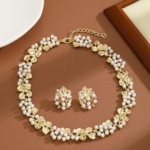 Fashion Bride Silver Gold Plated Bridal Layered Leaf Faux Pearls Necklace Earrings Set Wedding Jewelry Set Choker Necklace Stud Earrings Set for Women