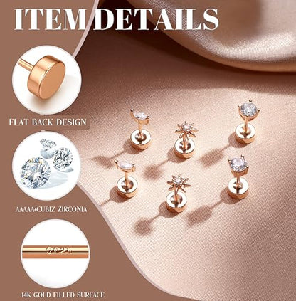 14K Gold Plated 925 Sterling Silver Flat Back Earrings Set | Hypoallergenic Cartilage Helix Conch Tragus Piercing Jewelry 3 Pairs Small Screw Dainty CZ Opal Earring Set Men Women - color: Rose Gold, Style B