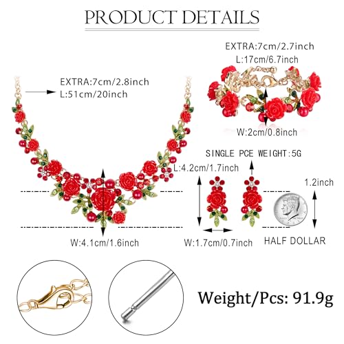 EVER FAITH Costume Jewelry Crystal Simulated Pearl Rose Flower Leaf Prom Party Statement Necklace Earrings Bracelet Set for Women - color: Red Gold-Tone
