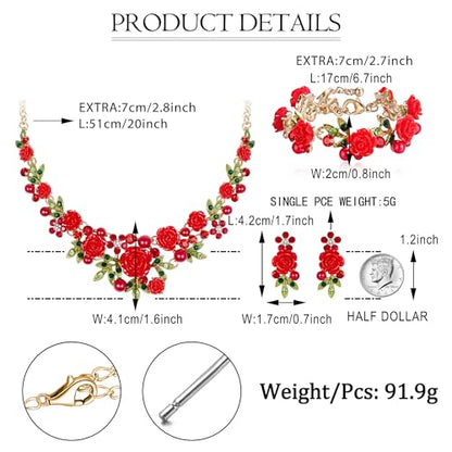 EVER FAITH Costume Jewelry Crystal Simulated Pearl Rose Flower Leaf Prom Party Statement Necklace Earrings Bracelet Set for Women - color: Red Gold-Tone
