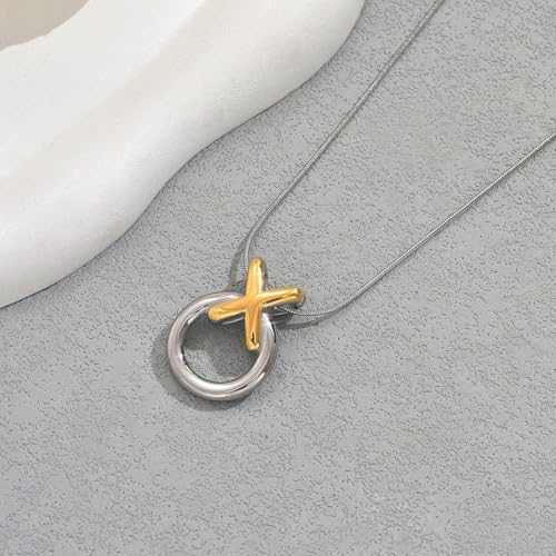 Two-Tone X and O Circle Pendant Necklace, Sterling Silver Chain with Gold Accent