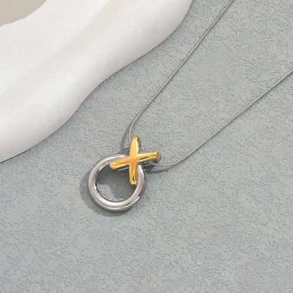 Two-Tone X and O Circle Pendant Necklace, Sterling Silver Chain with Gold Accent