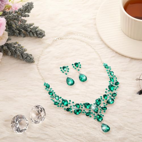 Hicarer Bridal Teardrop Cluster Crystal Jewelry Set for Women Necklace Earrings Wedding - color: Malachite Green