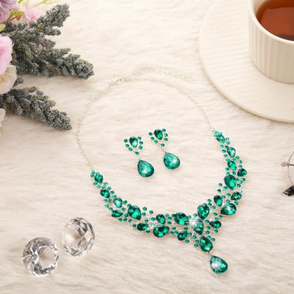Hicarer Bridal Teardrop Cluster Crystal Jewelry Set for Women Necklace Earrings Wedding - color: Malachite Green