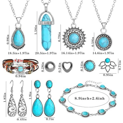 NEWITIN 20 Pieces Silver Bohemian Jewelry Set for Women Fashion Costume Jewels Turquoise Necklace Bracelet Ring Earrings Western Turquoise Jewelry Set for Women - color: Turquoise Jewelry Blue Set