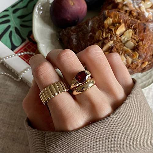 AllenCOCO Gold Ring for Women Trendy Ruby Ring Red Gemstone Chunky Ring 18k Gold Plated Band Ring Signet Statement Ring Size 6