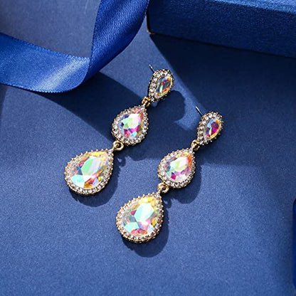 EleQueen Women's Crystal Teardrop Pear Shape 2.5 Inch Long Earrings | Dangle Earrings for Women, TearDrop Crystals Earrings for Bride Bridesmaid, Prom Jewelry for Wedding - color: Iridescent AB Gold-tone