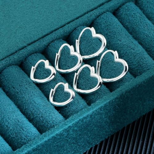 Silver 3 Pairs Heart Earrings Set for Women 14K Gold Plated Hoops, ALEXCRAFT Minimalist Hearts Shaped Small Big Silver Huggie Hoop Trendy Earring Hypoallergenic Thick Chunky Earings - color: Silver