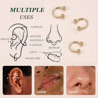 G23 Titanium 14/16/18/20G Septum Rings Horseshoe Nose Ring Jewelry | 2/3Pcs Circular Barbell Spike Lip Body Piercing Jewelry Conch Helix Tragus Earring Silver/Black 8/10/12mm 14K Gold Plated - color: Gold-3pcs, size: Balls-3pcs-18g-8mm