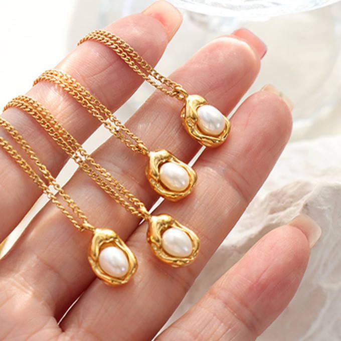 18K Gold Plated Pendant Necklaces - Dainty Minimalist, Waterproof, Non-Tarnish Fashion Jewelry for Women - style: Natural Fresh Pearl