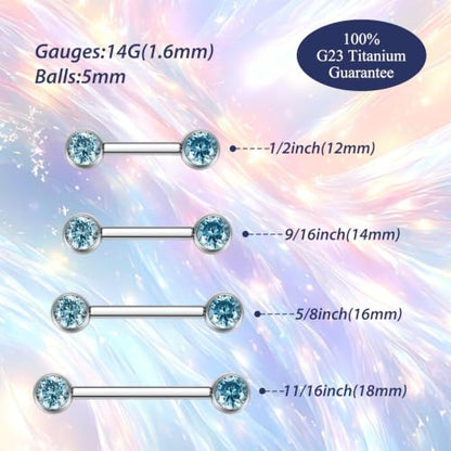 FUNLMO 2pcs Nipple Piercing Jewelry Titanium Nipple Rings Internally Threaded Tongue Rings Bridge Piercing Jewelry Nipple Barbells 14G 12-20mm - color: Silver,Blue CZ