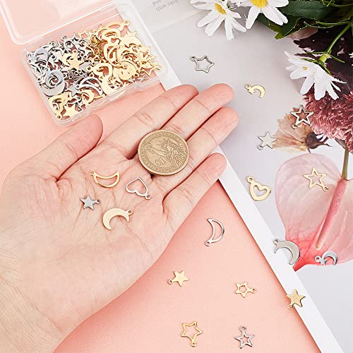 PH PandaHall 108pcs Moon Star Heart Charms, 18 Styles Stainless Steel Star Pendants Crescent Moon Romantic Charms Small Dangle Charm for Mother's Day Necklace Earrings Bracelet Jewelry Making