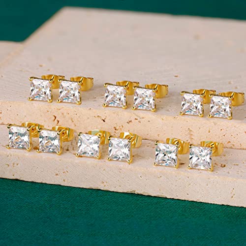 Stud Earring Set for Women Men 18K Yellow/White Gold Plated Princess Cut 4 Prong Graduated Square Clear Cubic Zirconia Pakc of 6 Pairs 3-7mm - color: Yellow gold-3mm-6 pairs