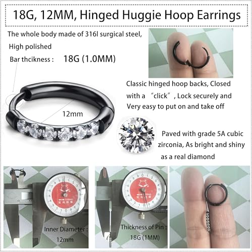 Hypoallergenic Unisex Surgical Steel Small Cubic Zirconia Huggie Hoop Earring, Color Gold - Silver - Rose Gold - Black - Rainbow, Size 6mm- 12mm Safe for Sensitive Ear - style: D01 : 12MM Black Hoops(2mm thickness)