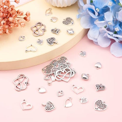 Pandahall 100pcs Tibetan Style Heart Charms Alloy Pendants Antique Silver Sweet Heart Charms for DIY Earring Bracelet Necklace Jewelry Making Valentine Day Wedding Gift
