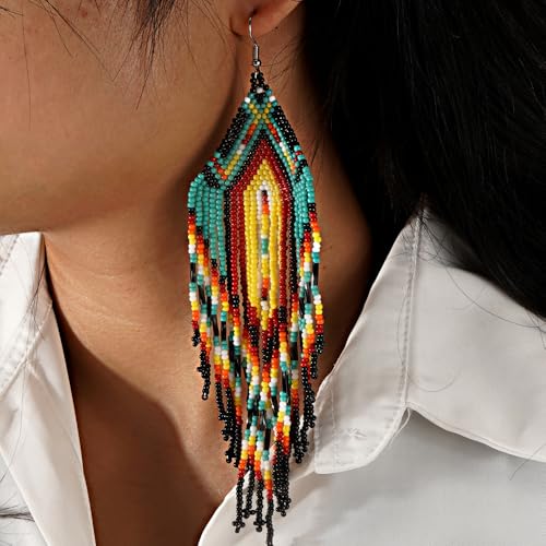 Bohemian Tassel Colorful Beaded Earrings For Women Trendy, Long Fringe Feather Drop Jewelry Handmade Gifts. - color: color8