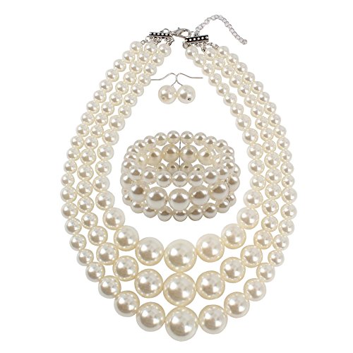 KOSMOS-LI Women's 3 Layer Simulated Pearl Statement 18" Necklace Bracelet and Earrings Jewelry Set Stocking Stuffers - color: ivory