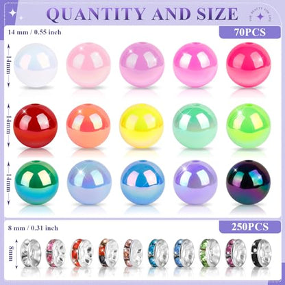 HUISUYTON 320 PCS Beads for Pens, 14 mm Focal Beads & 8 mm Rhinestone Spacers Bead, Fit for Beadable Pens Bracelets Keychains Jewelry Making, Rainbow Acrylic Bead, Christmas Gifts - color: 320 PCS 14mm Bubblegum Beads Set