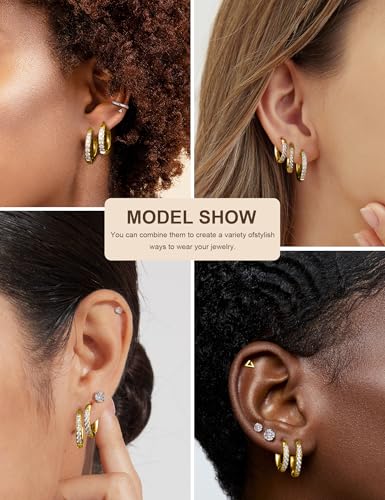 5 Pairs Huggie Hoop Earrings, Cubic Zirconia 14K Gold-Plated 316L Surgical Steel, Hypoallergenic Lightweight Design for Women & Men Cartilage & Multi-Piercing Stacking(13-21mm) - color: M+gold