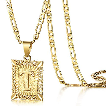 KissYan Initial Letter Pendant Necklace for Men Women, 14K Gold Plated Square Capital Monogram Necklace Alphabets from A-Z Figaro Chain Jewelry | 14K Gold Filled/White Gold Plated, Square Letter Capital Monogram Pendant with 20''+2'' Figaro Chain, Alphabe