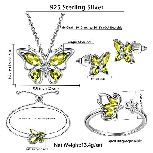 925 Sterling Silver Birthstone Butterfly Jewelry Women Crystal Animal Cute Butterflies Birthday Necklace/Earring/Ring/Bracelet Sets Birth Stone Statement Anniversary Jewellery - color: 3-H.August-Peridot